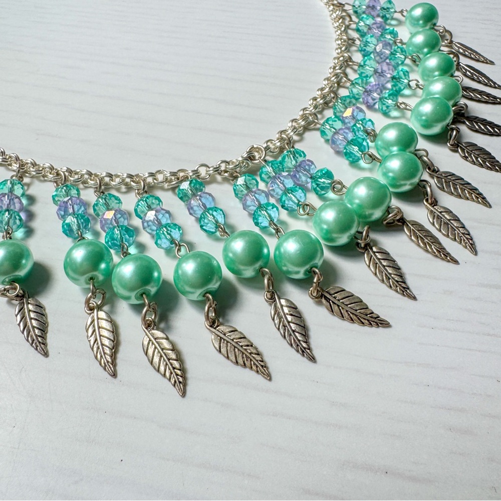 Boho Feather Silver and Green Beaded Choker Necklace - Picture 2 of 5